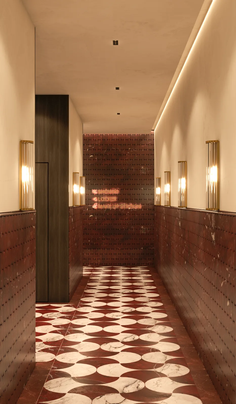 Photorealistic 3D render of a bathroom corridor, design development study for a hotel bathroom and locker facility
