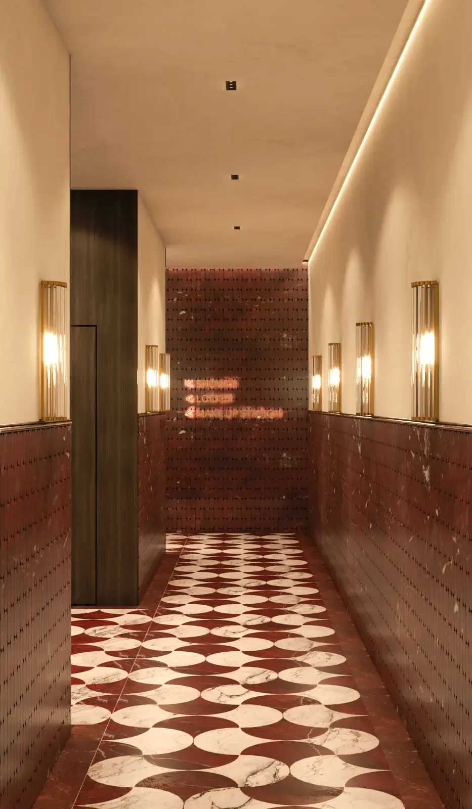 Photorealistic 3D render of a bathroom corridor, design development study for a hotel bathroom and locker facility