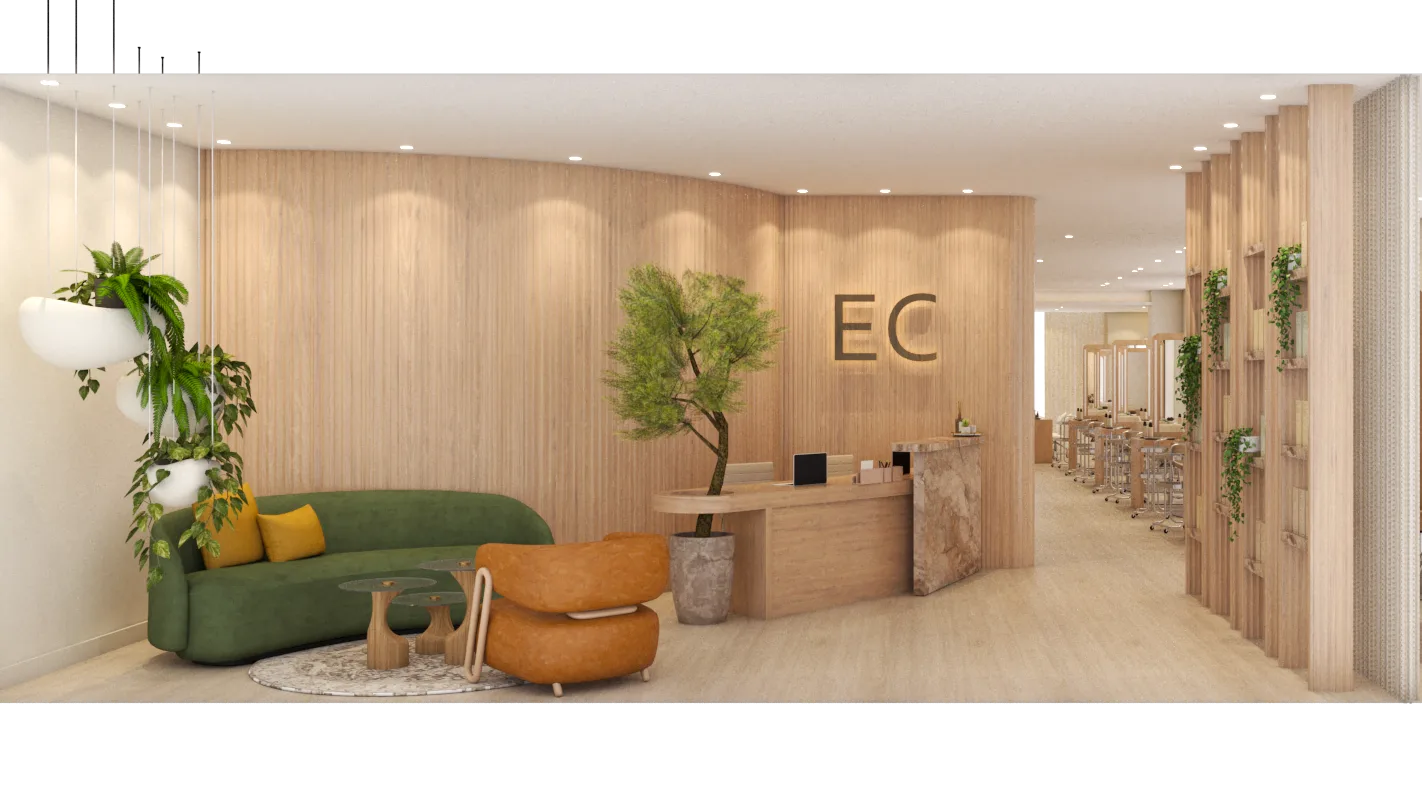 Photorealistic 3D render of the salon floor, design development study for a beauty salon fit-out