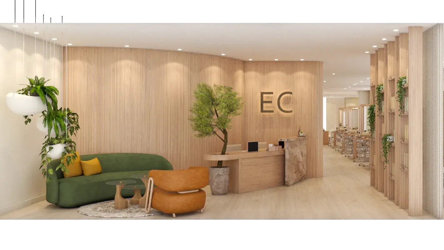 Photorealistic 3D render of the salon floor, design development study for a beauty salon fit-out