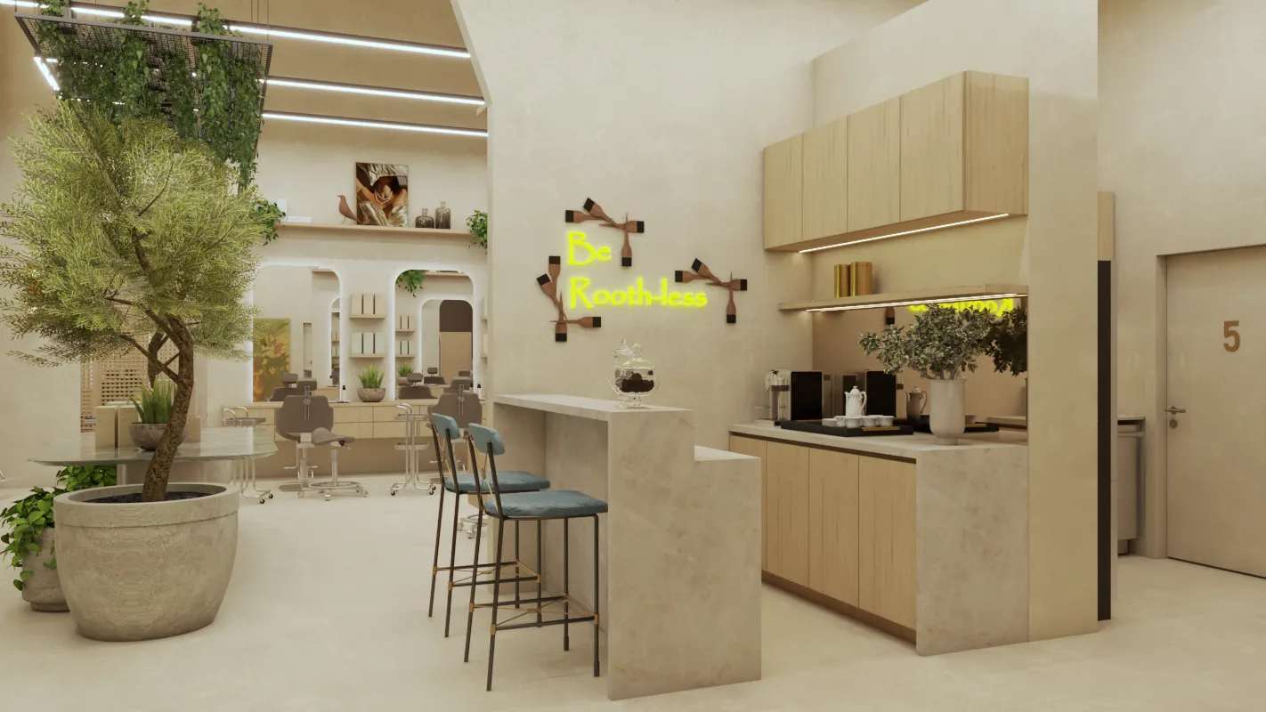 Photorealistic 3D render of the salon bar area, design development study for a beauty salon