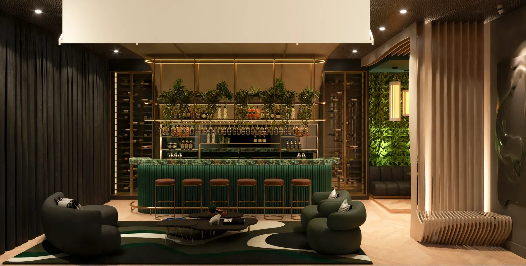Photorealistic 3D render of a bar with a green counter, upholstered stools, illuminated bottle shelving and lounge seating