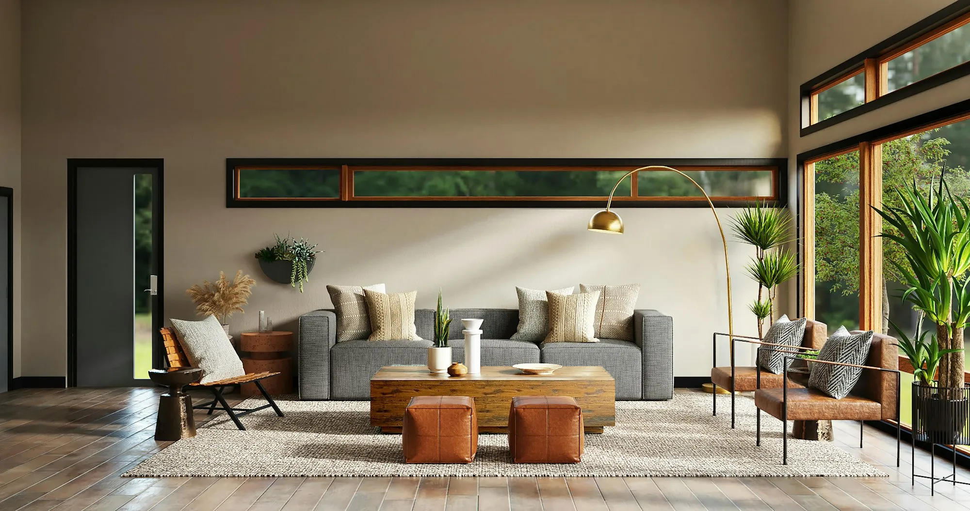 Coastal Miami interior with natural stone and warm oak materials