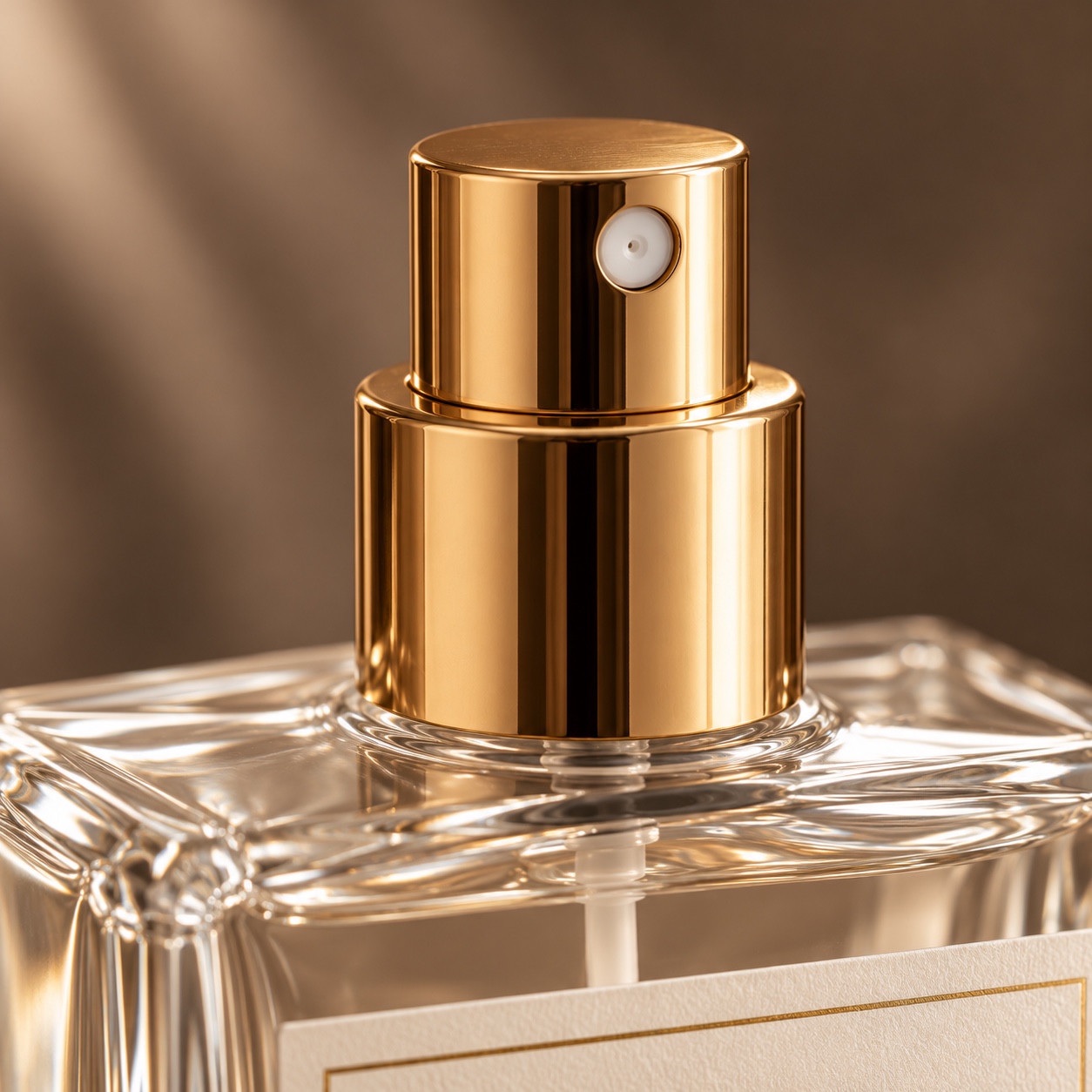 Close-up of the golden Home Essence atomizer and glass bottle.