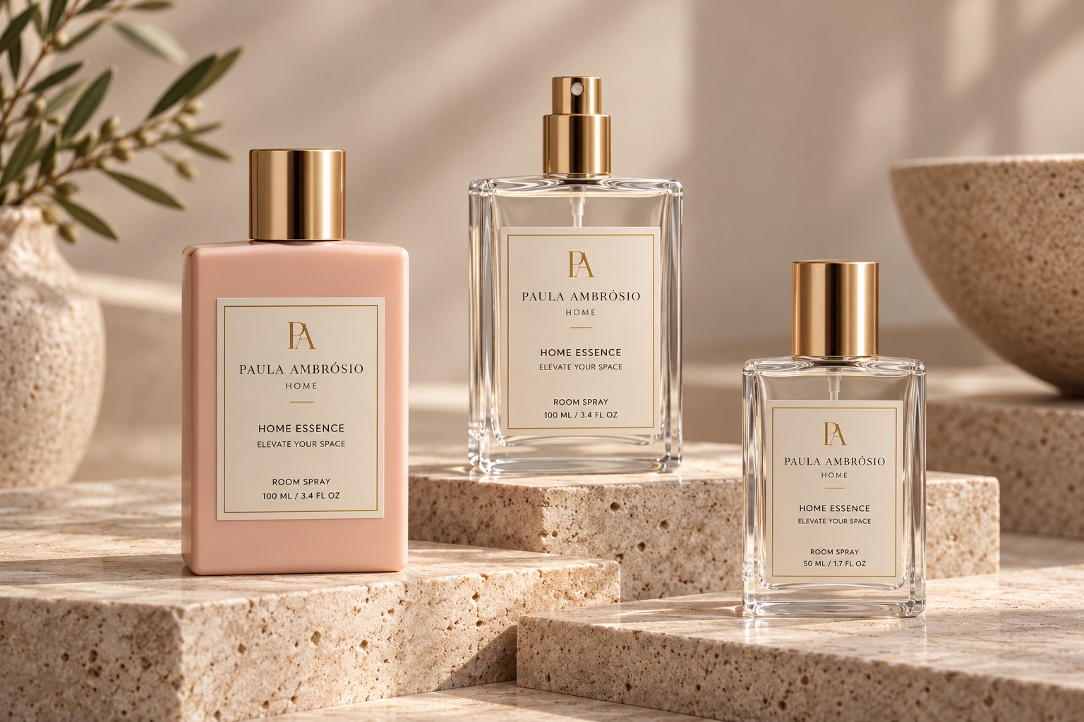 Home Essence campaign composition: blush and clear bottles on warm travertine.