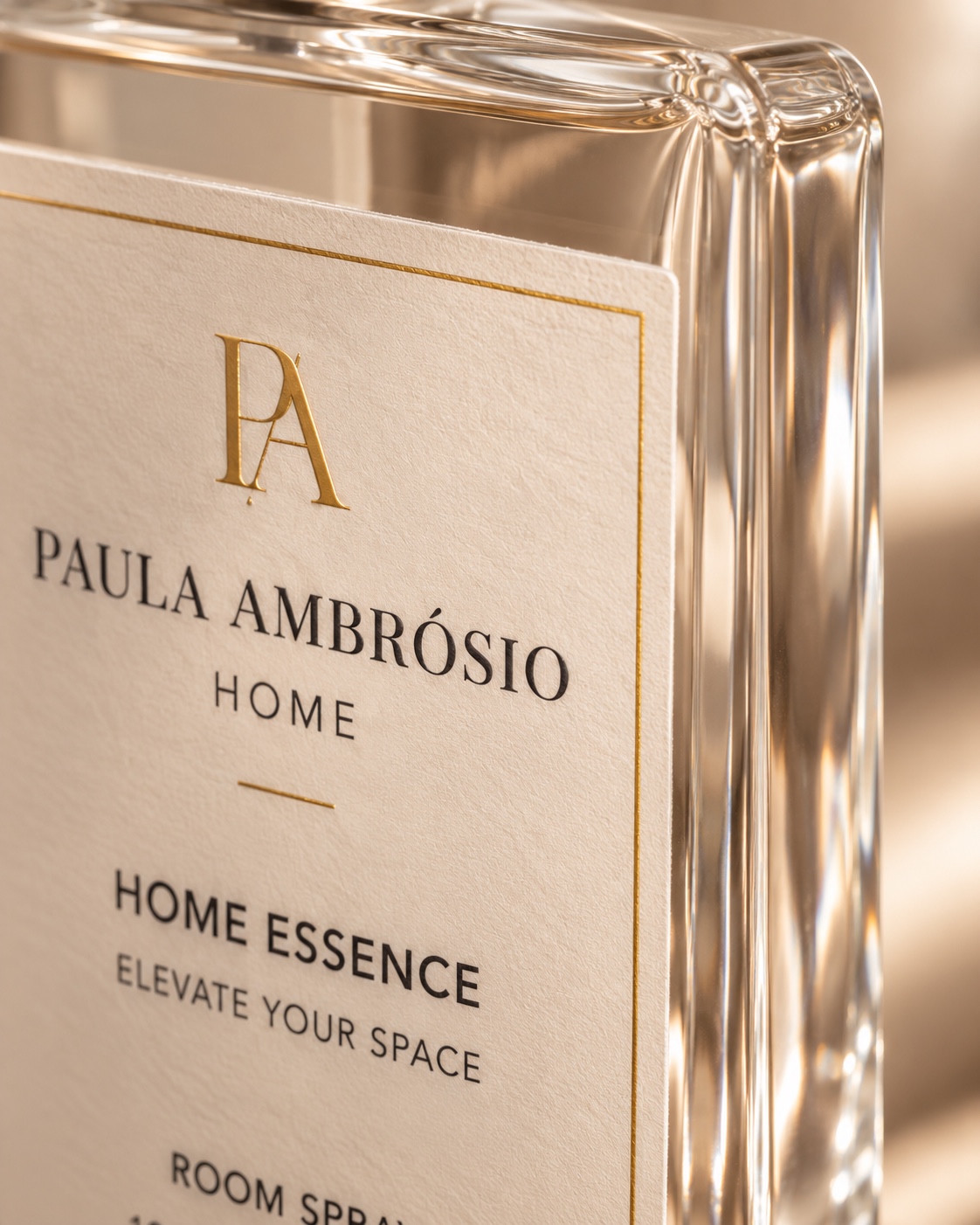 Close-up of the PA monogram and textured Home Essence label.