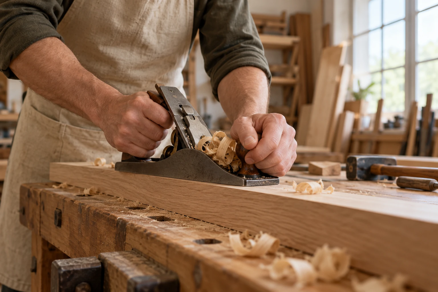 Craft concept showing a craftsperson’s hands planing a wood board at a workbench