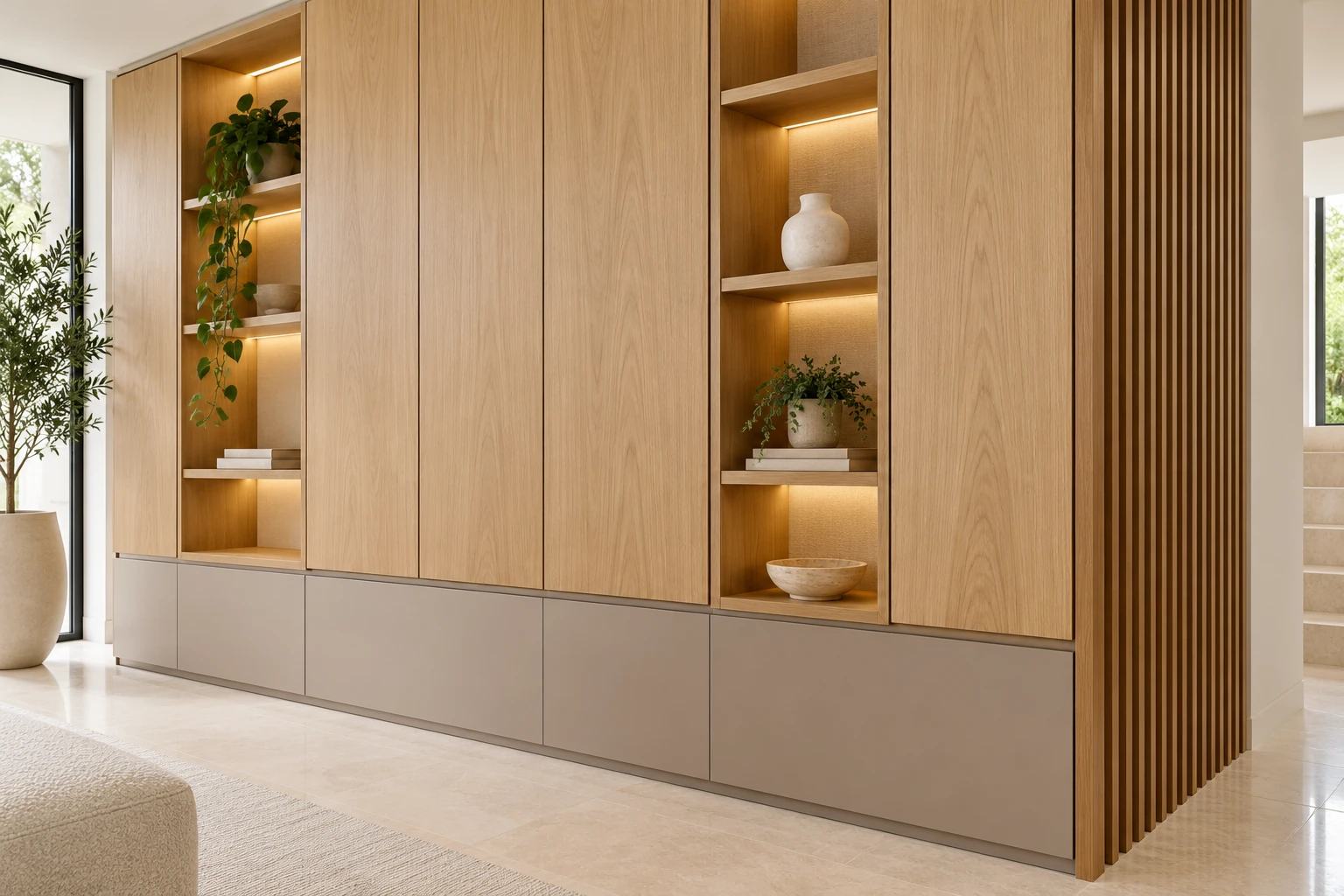 Millwork concept of honey-toned wood cabinetry, illuminated display niches and taupe lower drawers