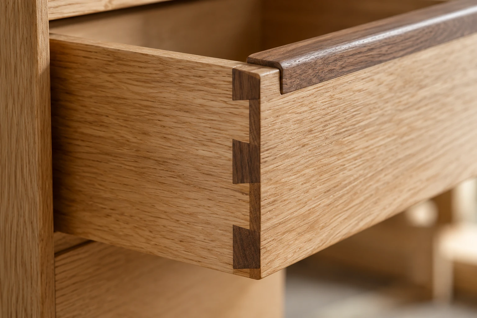 Joinery concept showing a close-up of a pale wood drawer corner with contrasting dovetail joints