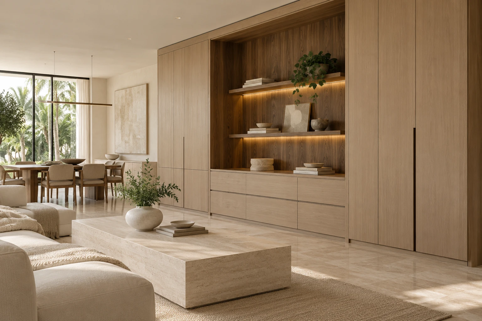 Interior concept with pale wood cabinetry, a darker illuminated display niche and natural stone in a sunlit living room