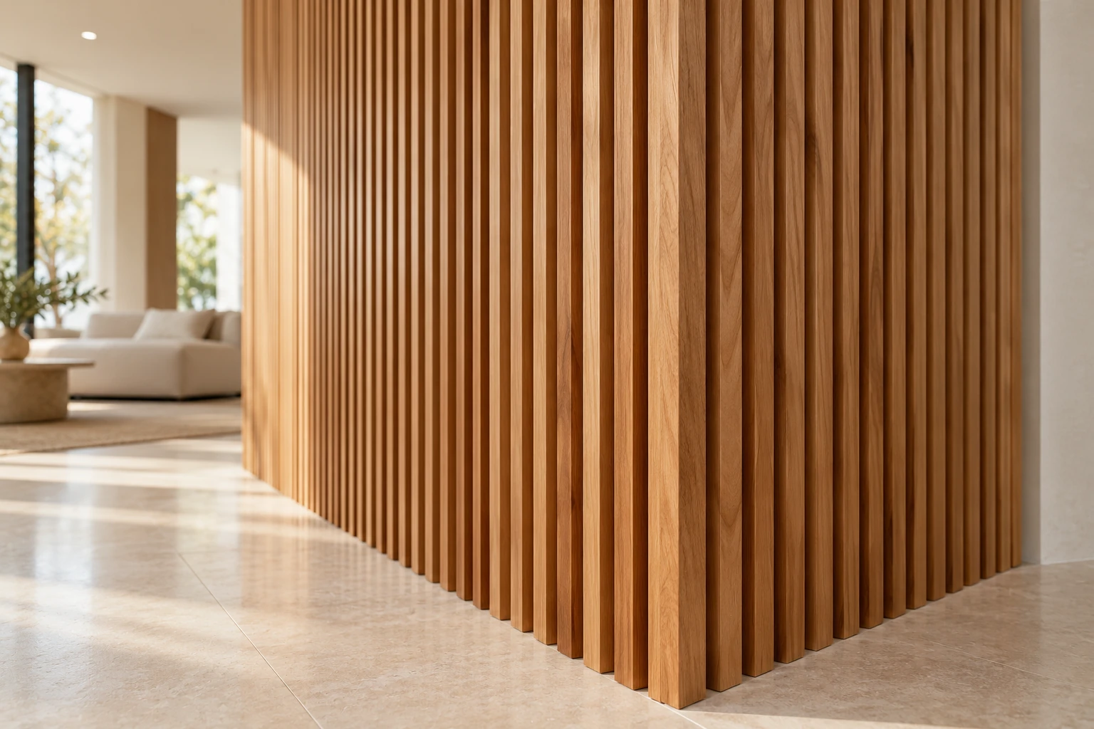 Millwork concept of honey-toned vertical wood fins turning around a corner in a bright neutral interior