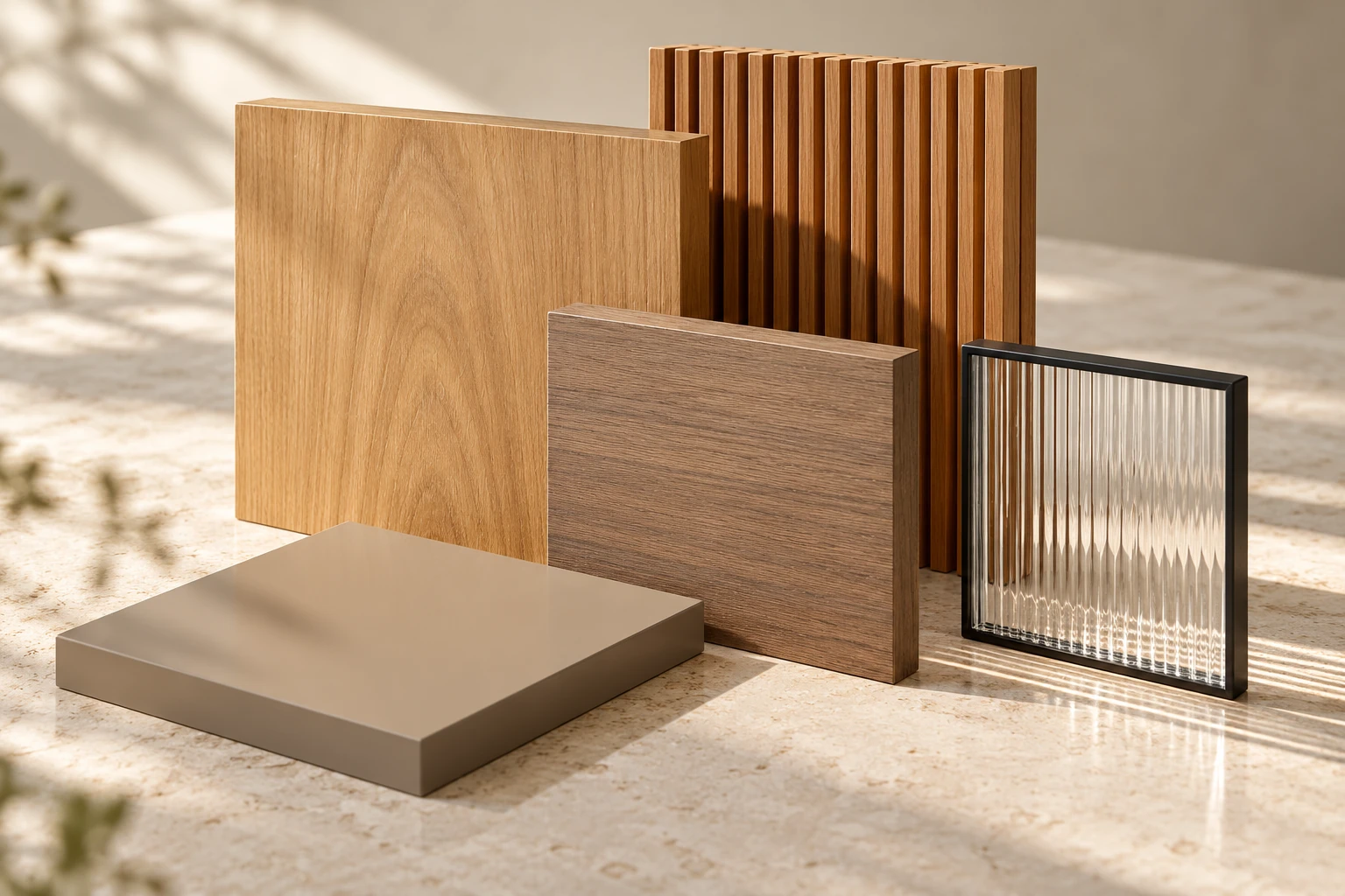 Conceptual material study of warm wood panels, vertical slats, a taupe finish and ribbed glass on pale stone