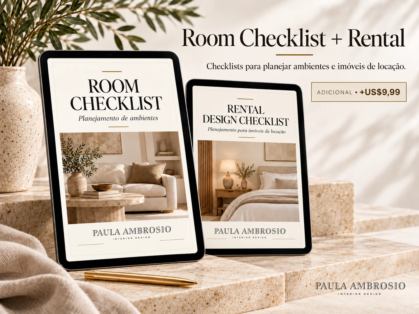 Mockups ilustrativos dos guias Room Checklist e Rental Design Checklist de Paula Ambrósio Interiors