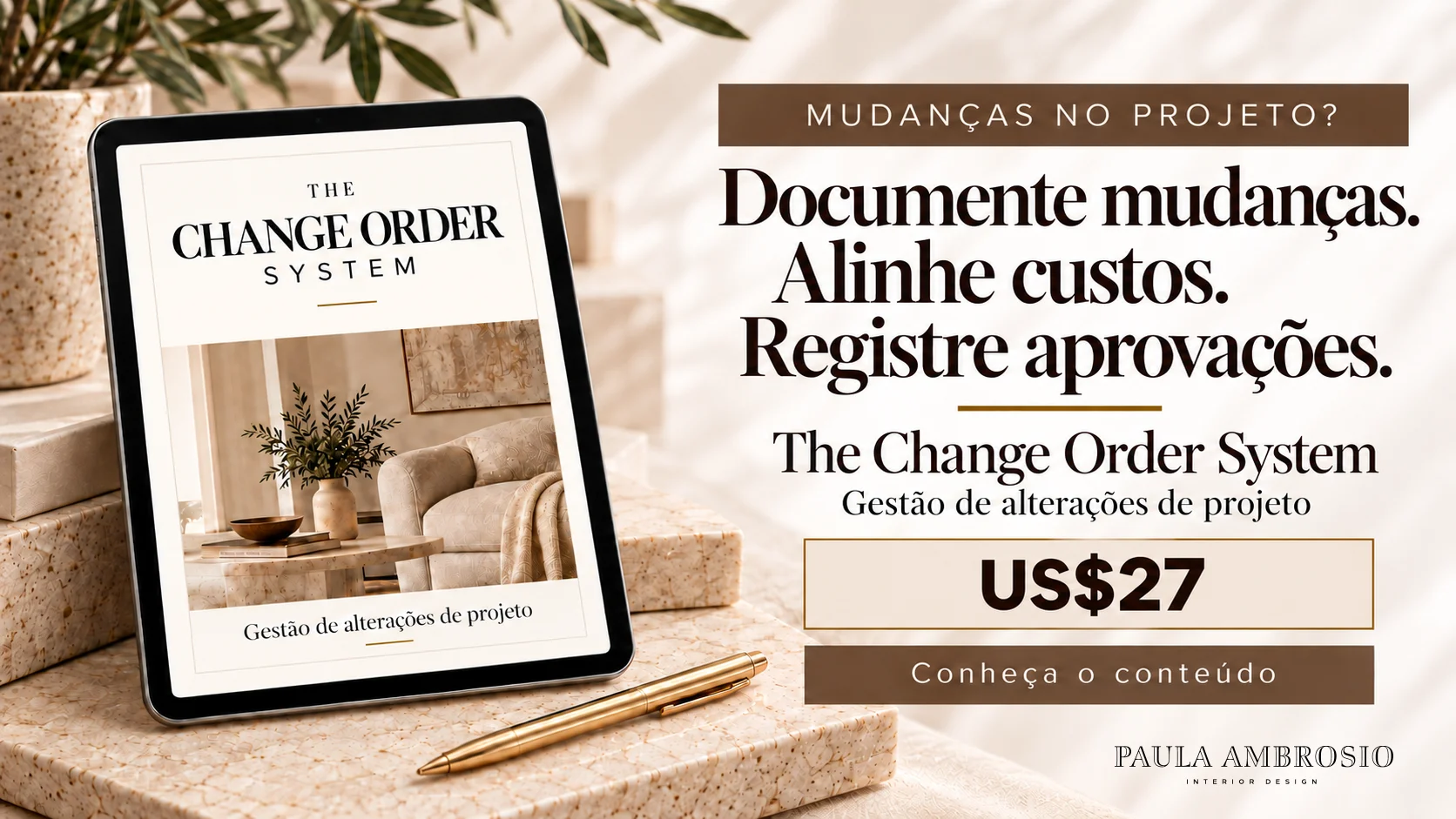 Mockup ilustrativo do The Change Order System em um tablet, sobre uma mesa de projeto