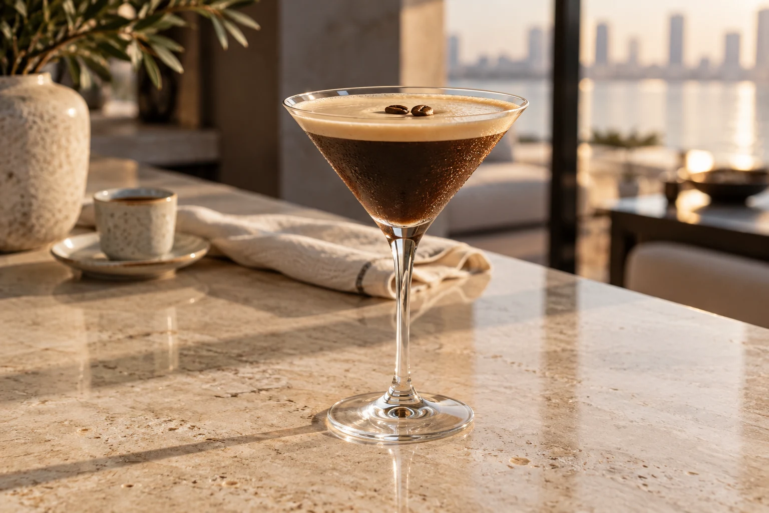 Espresso Martini com espuma de café em taça de haste