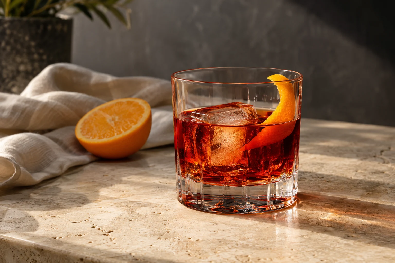 Negroni com gelo e casca de laranja